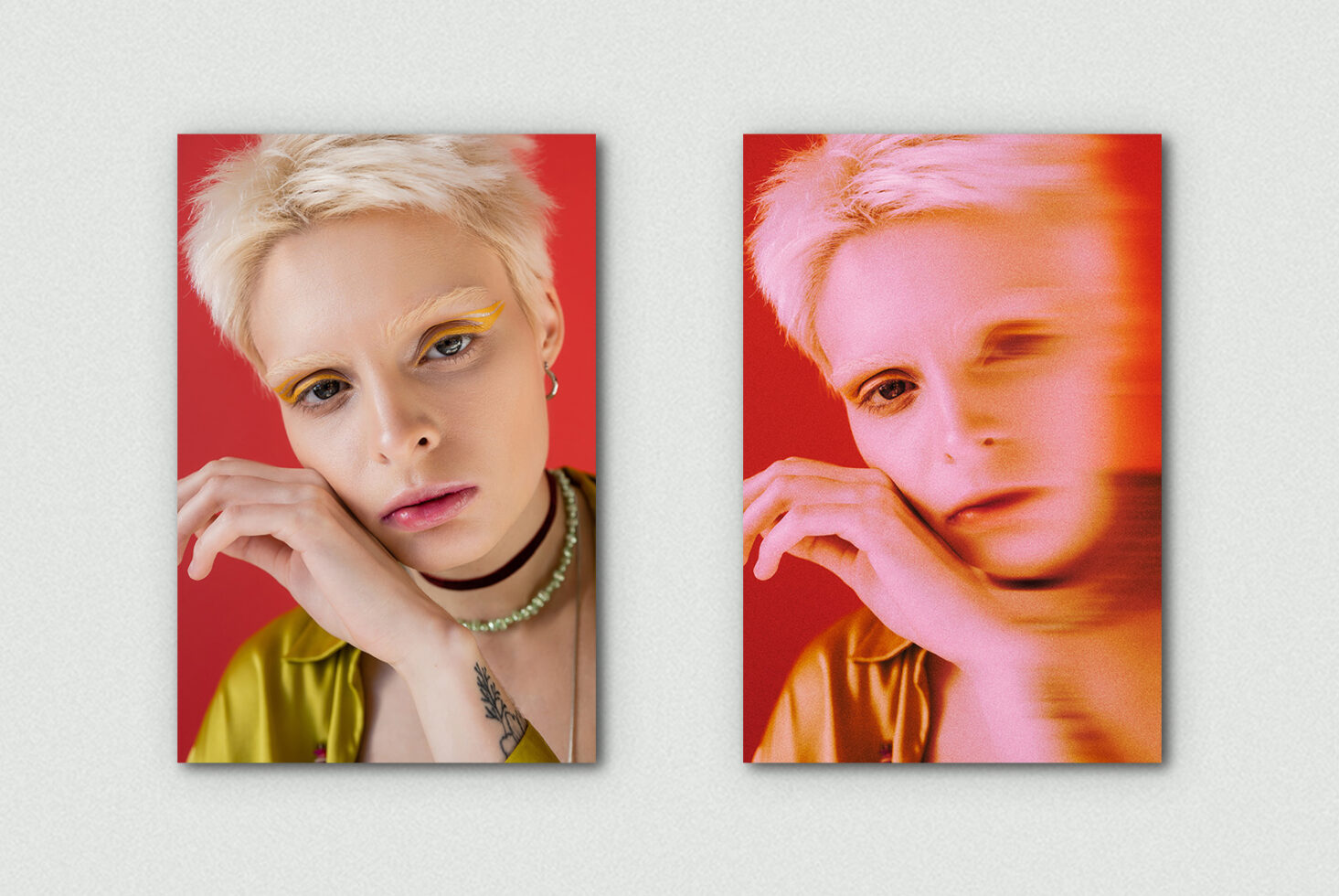 Portrait with bold yellow eyeliner next to soft warm blurred version