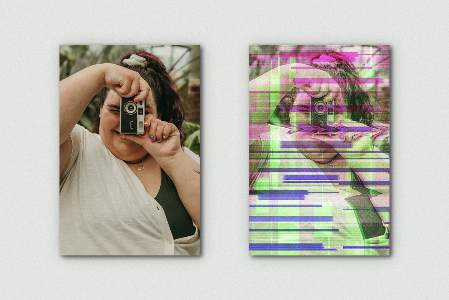 Woman holding vintage camera next to glitchy neon digital version