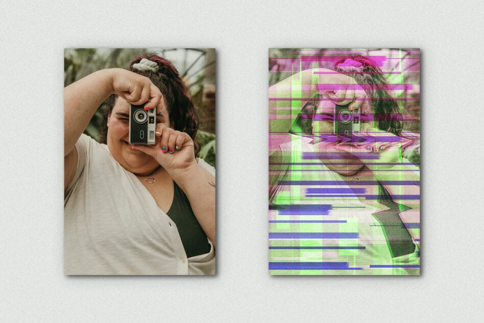 Woman holding vintage camera next to glitchy neon digital version