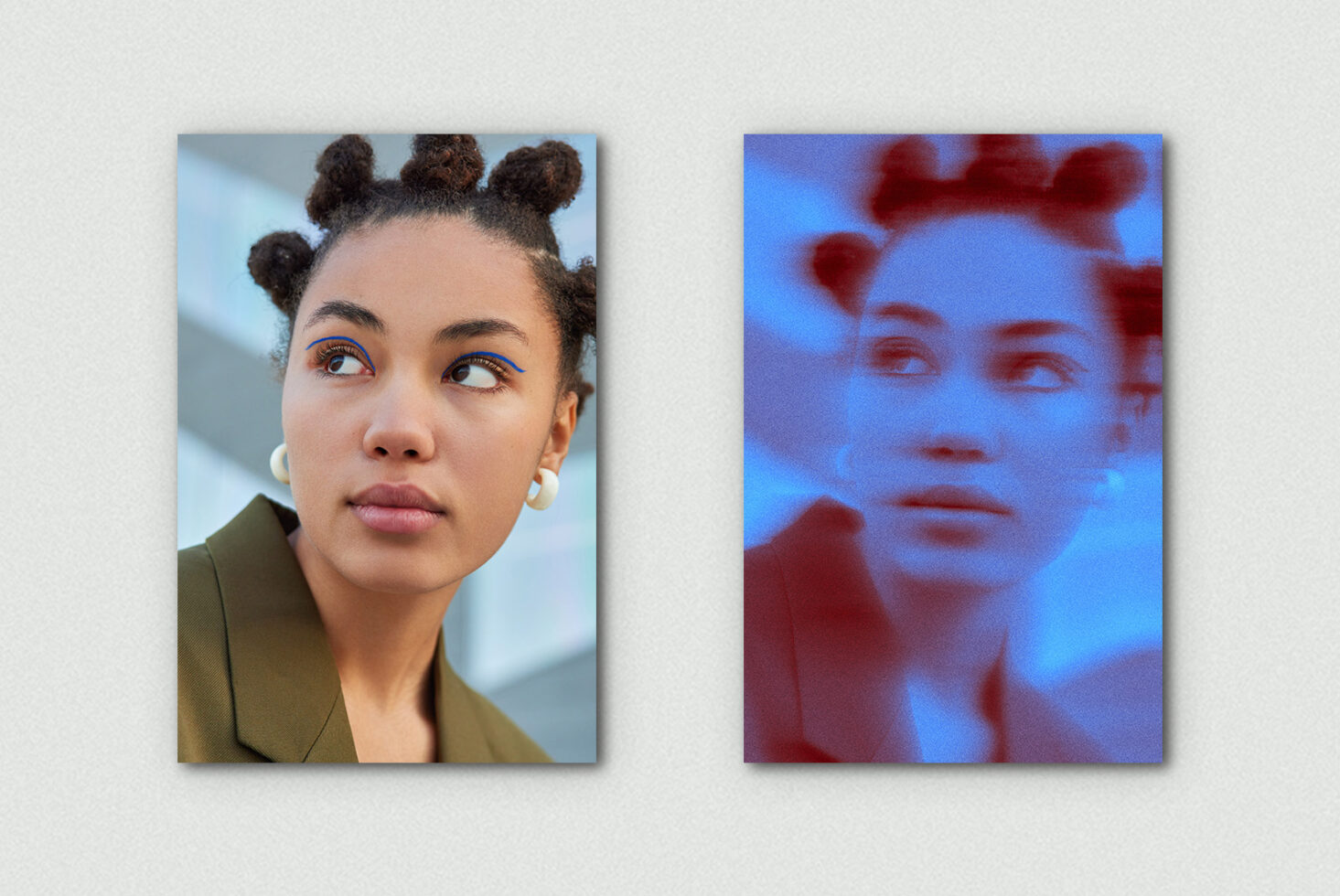 Split mockup with woman space buns clear photo, right side blurred duotone effect