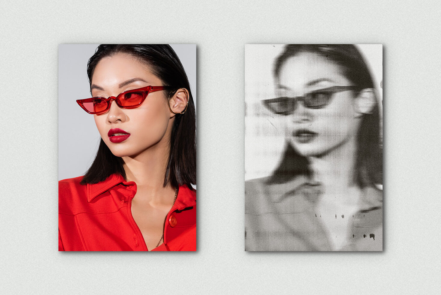 Vibrant red jacket with red sunglasses on left, grainy blurred version right