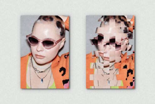 Bold portrait with pixelated overlay showing orange sweater, sunglasses, chains