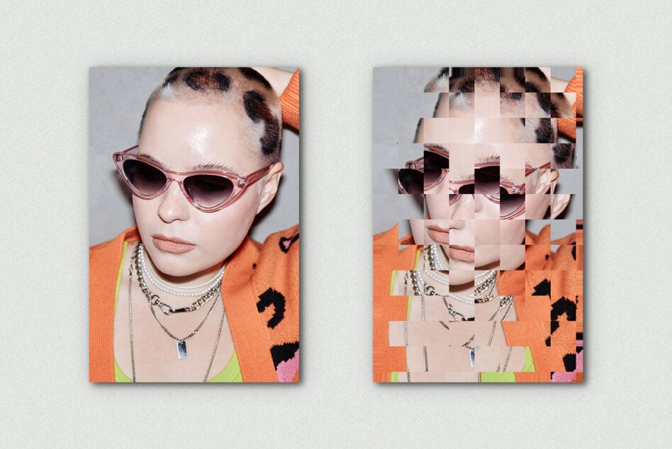 Bold portrait with pixelated overlay showing orange sweater, sunglasses, chains