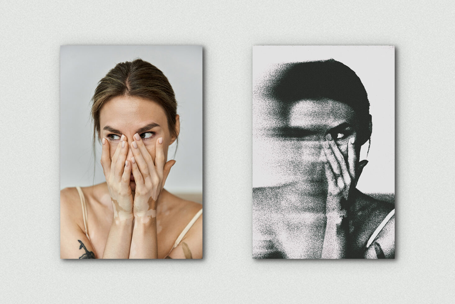 Woman covering face with hands next to grainy dissolving silhouette effect