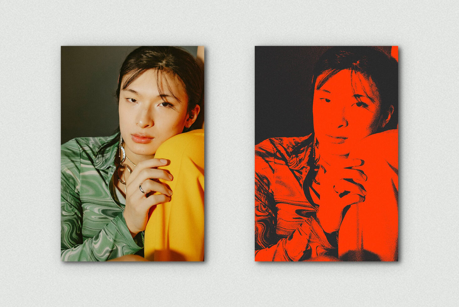Portrait photo split into original natural tones on left, vibrant red pop art style on right