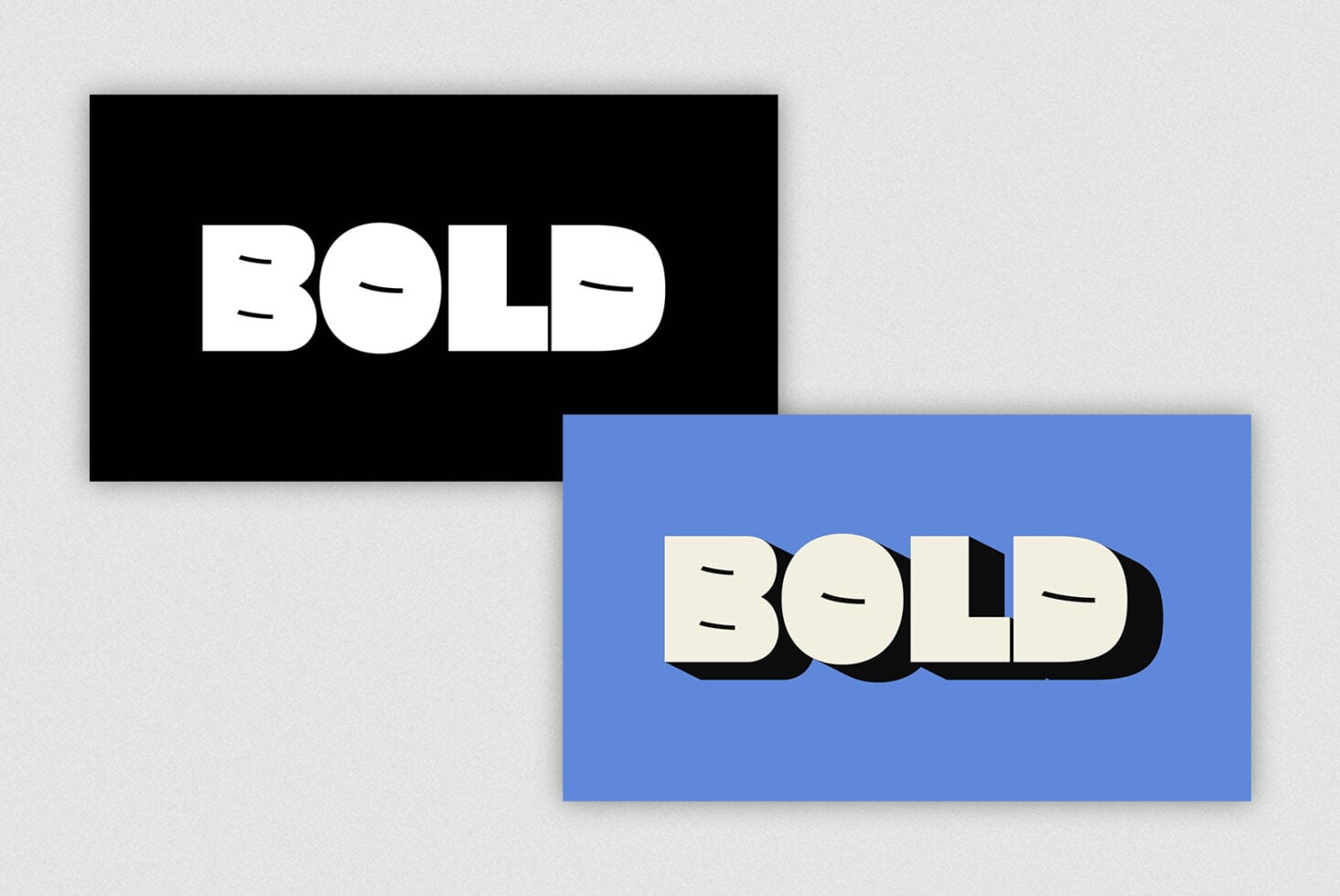 Bold white type on black overlapping bold cream type on blue