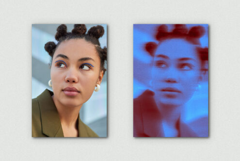 Sharp portrait next to blurred red blue version of same face