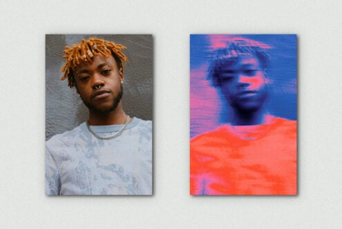 Split portrait mockup before-after showing guy with dreads natural then neon effect