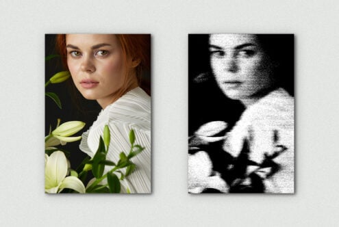 Portrait mockup with color original, grayscale halftone comparison side by side