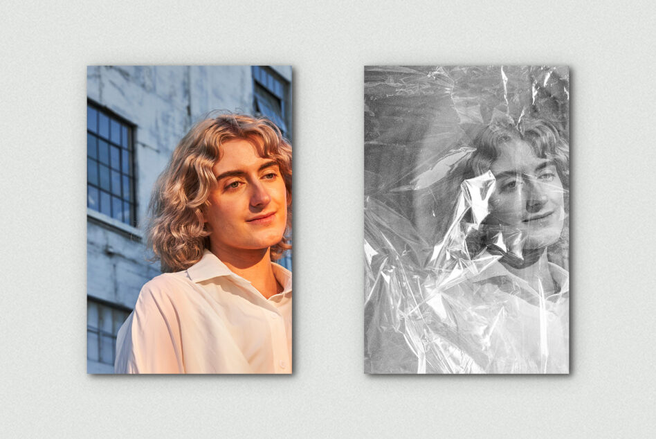 Warm-toned headshot paired with grayscale plastic wrap variant