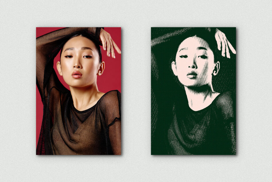 Pop art halftone portrait mockup with bold red plus forest green backgrounds
