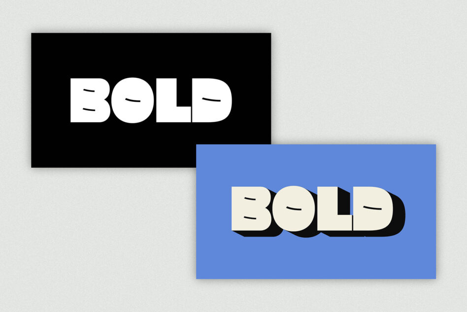 Bold white type on black overlapping bold cream type on blue