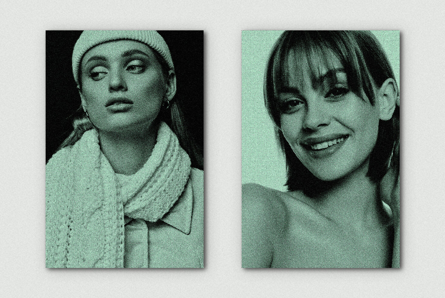 Two vertical halftone portraits on mint background with beanie styling