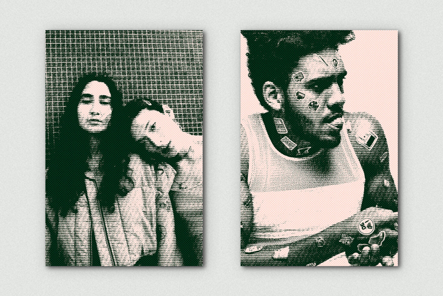 Halftone portrait posters with green, cream tones showing two people with textured dot pattern effect
