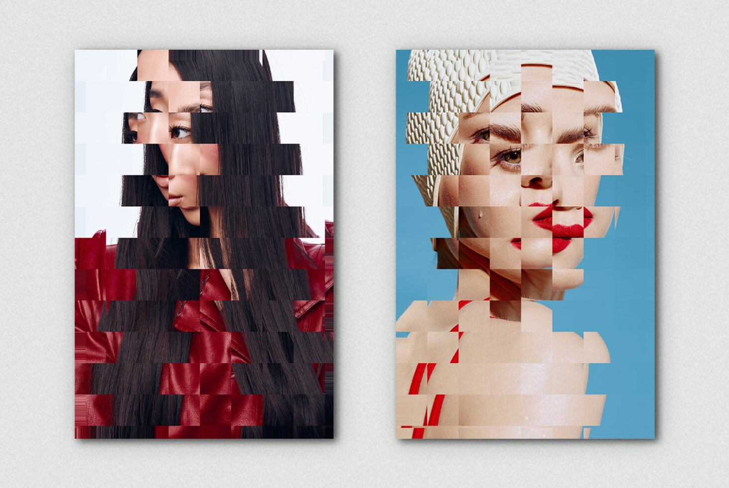 Glitchy pixelated face portraits with bold color blocking against minimalist backgrounds