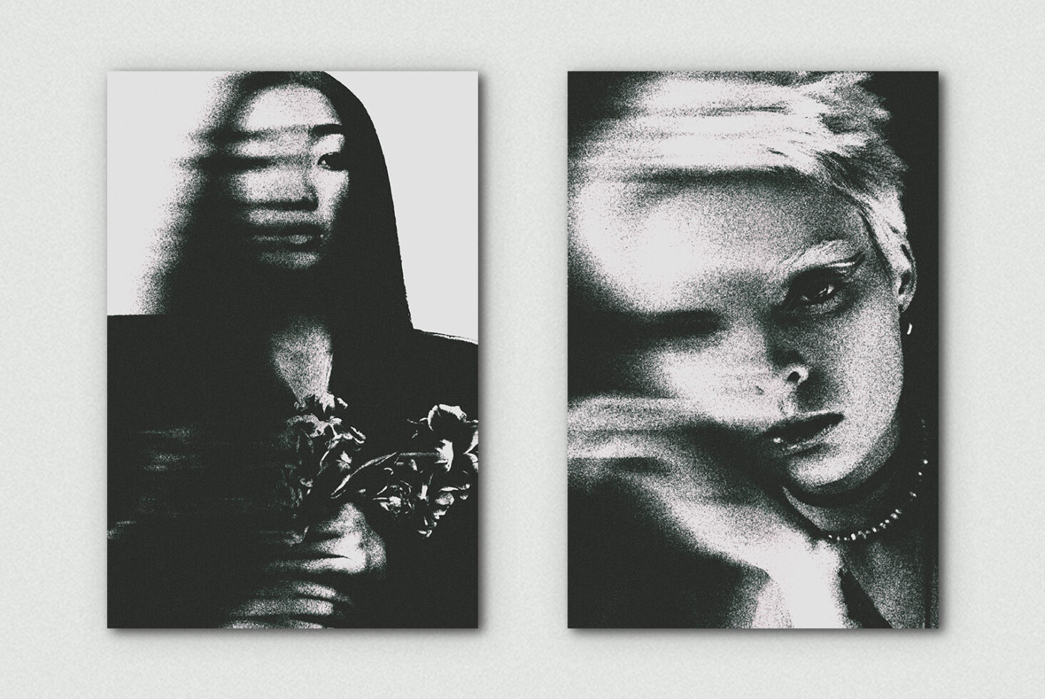 High contrast black white portrait photos with grainy halftone texture effect