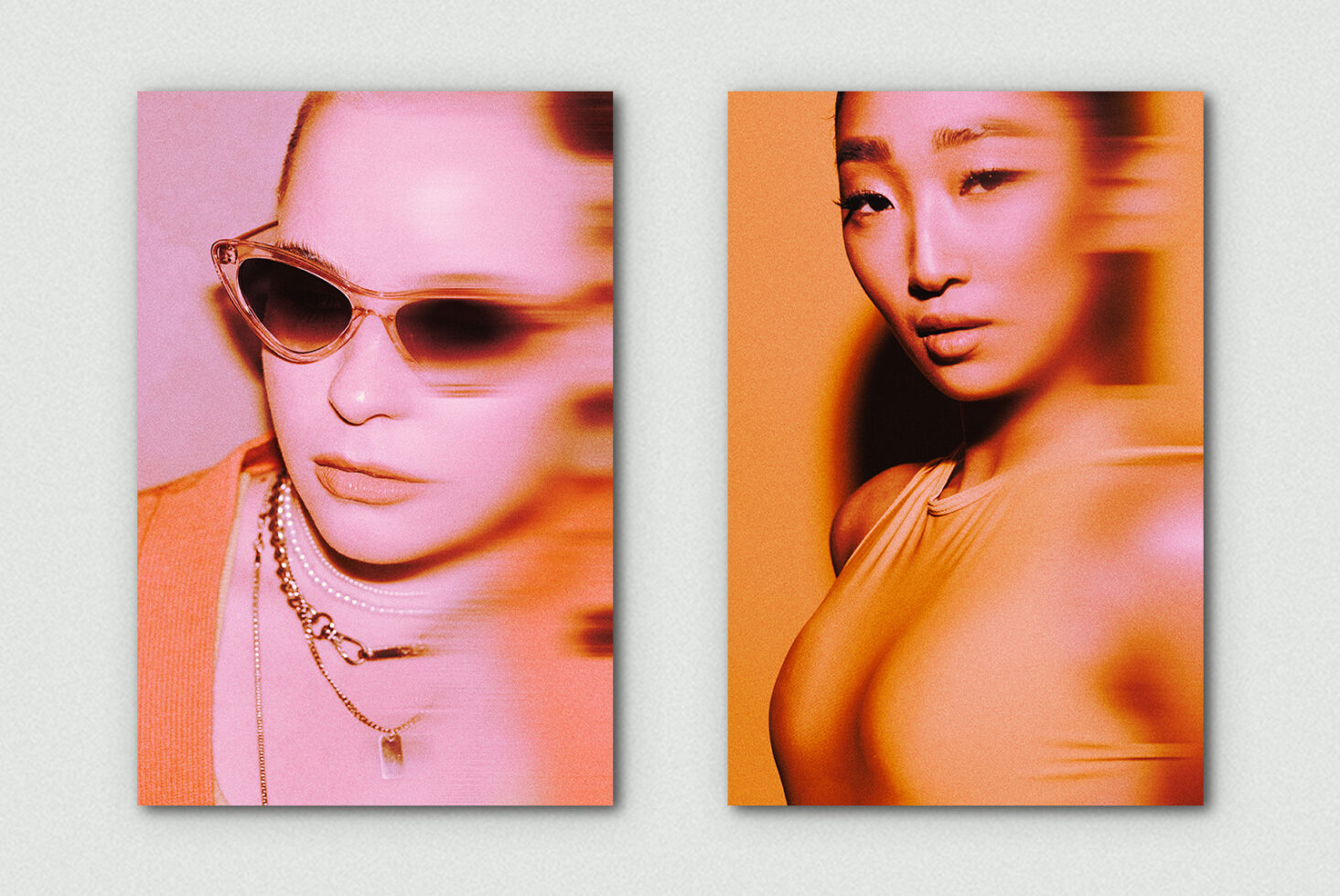 Two portraits with heat glow effect, sunglasses, chains, orange pink tones