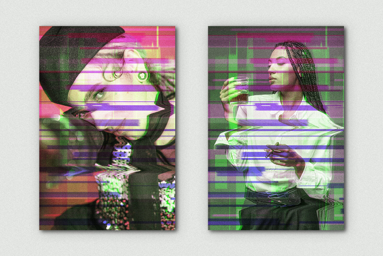 Split glitch effect portraits with neon magenta green horizontal scanline distortion