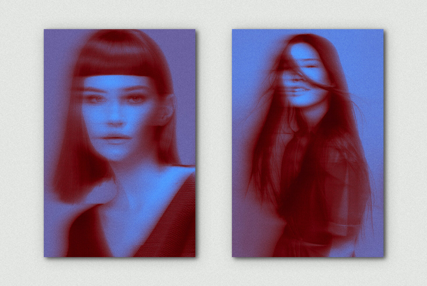 Duotone red-blue portrait mockup pair showing women with long hair, soft haze effect