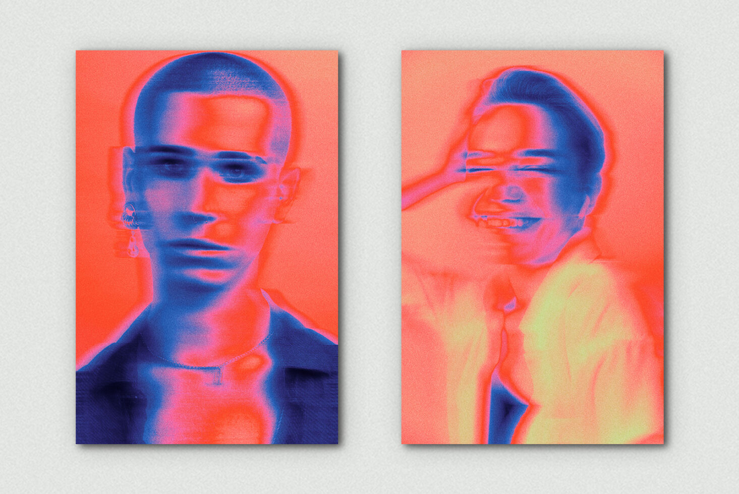Neon thermal portrait mockup with coral, blue, pink color split showing face with sunglasses