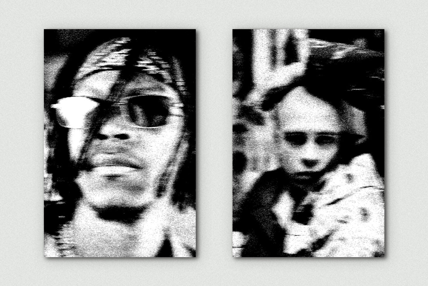Grainy black white portraits with heavy pixelation effect on faces