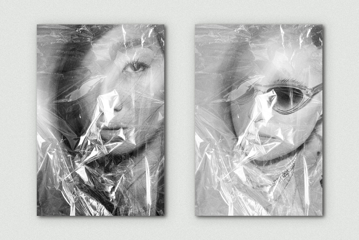 Duo of grayscale photos showing faces wrapped in crinkled cellophane