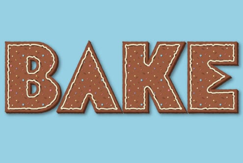 3D gingerbread letters spelling BAKE with colorful sprinkles