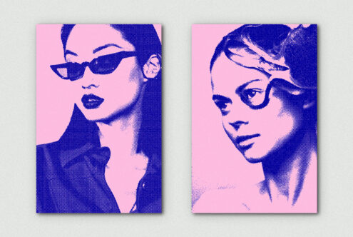 Two halftone portraits identical layout, pink with blue pixels, different poses with sunglasses