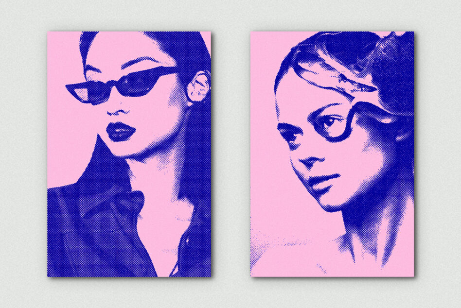 Two halftone portraits identical layout, pink with blue pixels, different poses with sunglasses