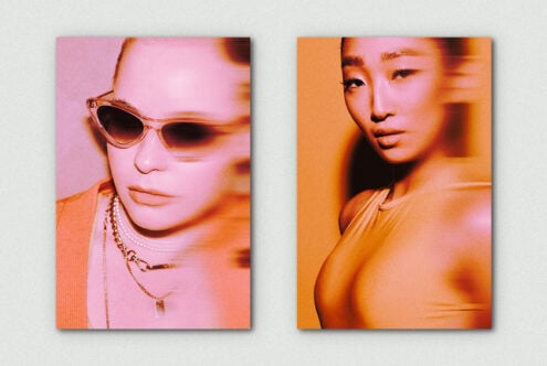 Fashion portrait wearing sunglasses, two color grade variations shown