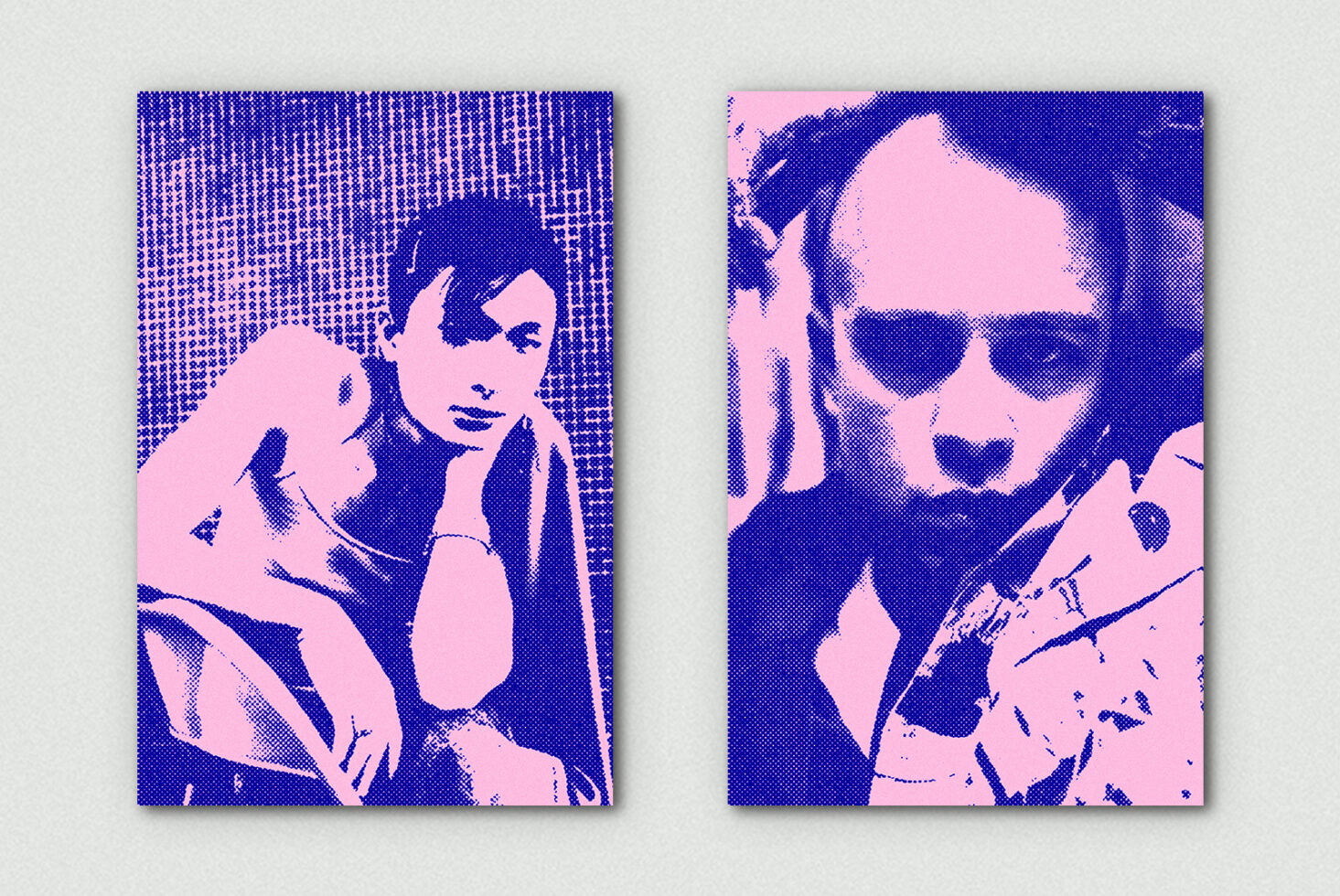 Four halftone portraits in pink with blue dots, three showing people with sunglasses, one full-body shot
