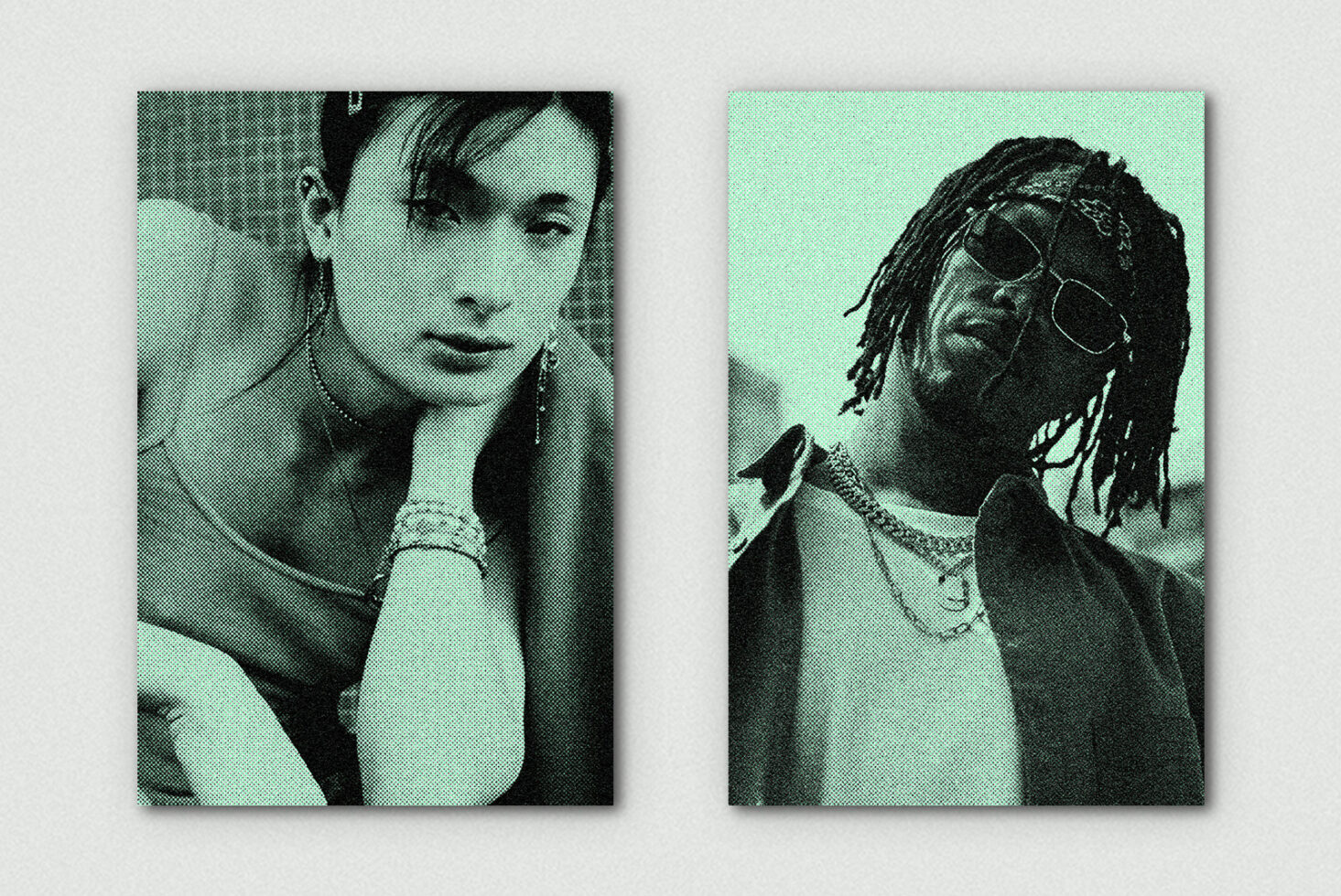 Four portrait mockups showing halftone effect with chains, earrings on mint