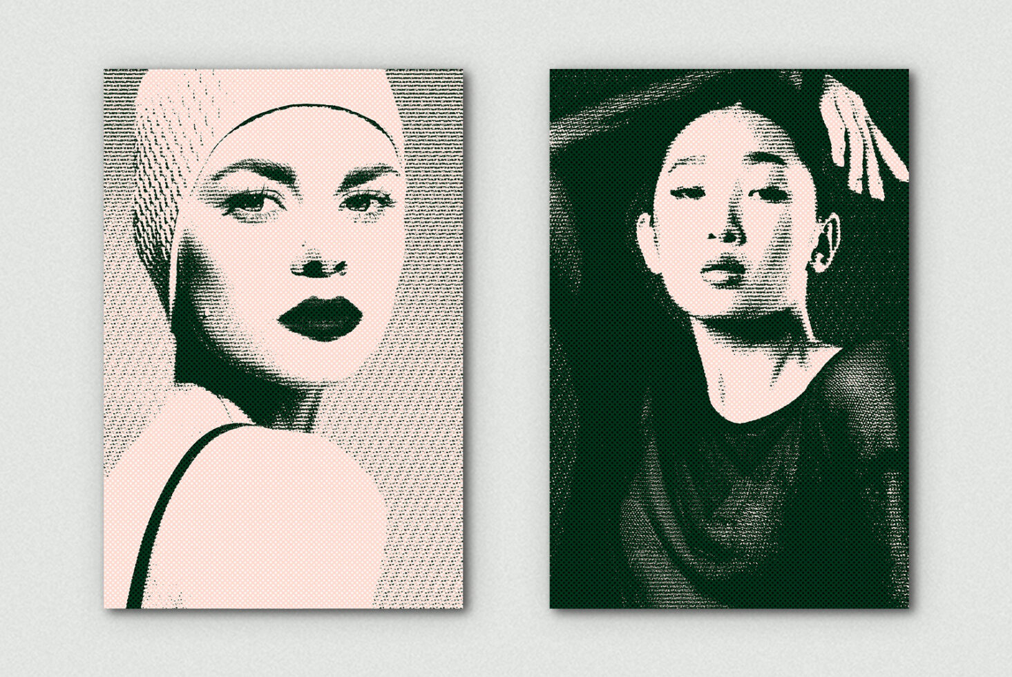 Two halftone portrait prints with bold green tones on soft pink, moody editorial style mockup