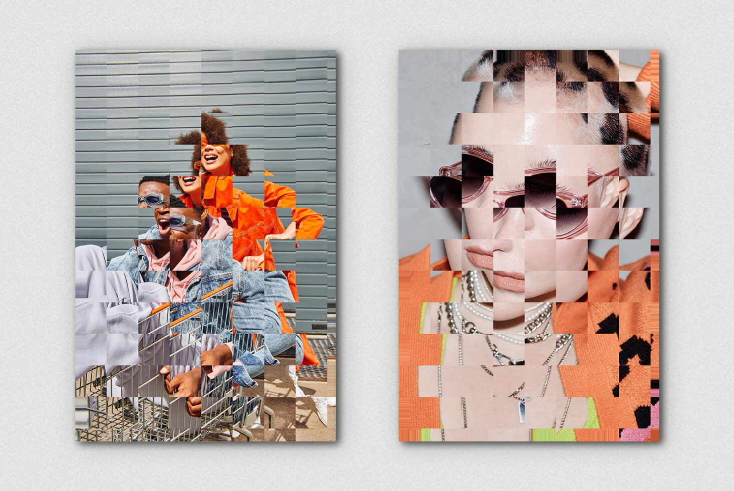 Vibrant collage mockup with pixelated portrait overlay on shopping cart scene