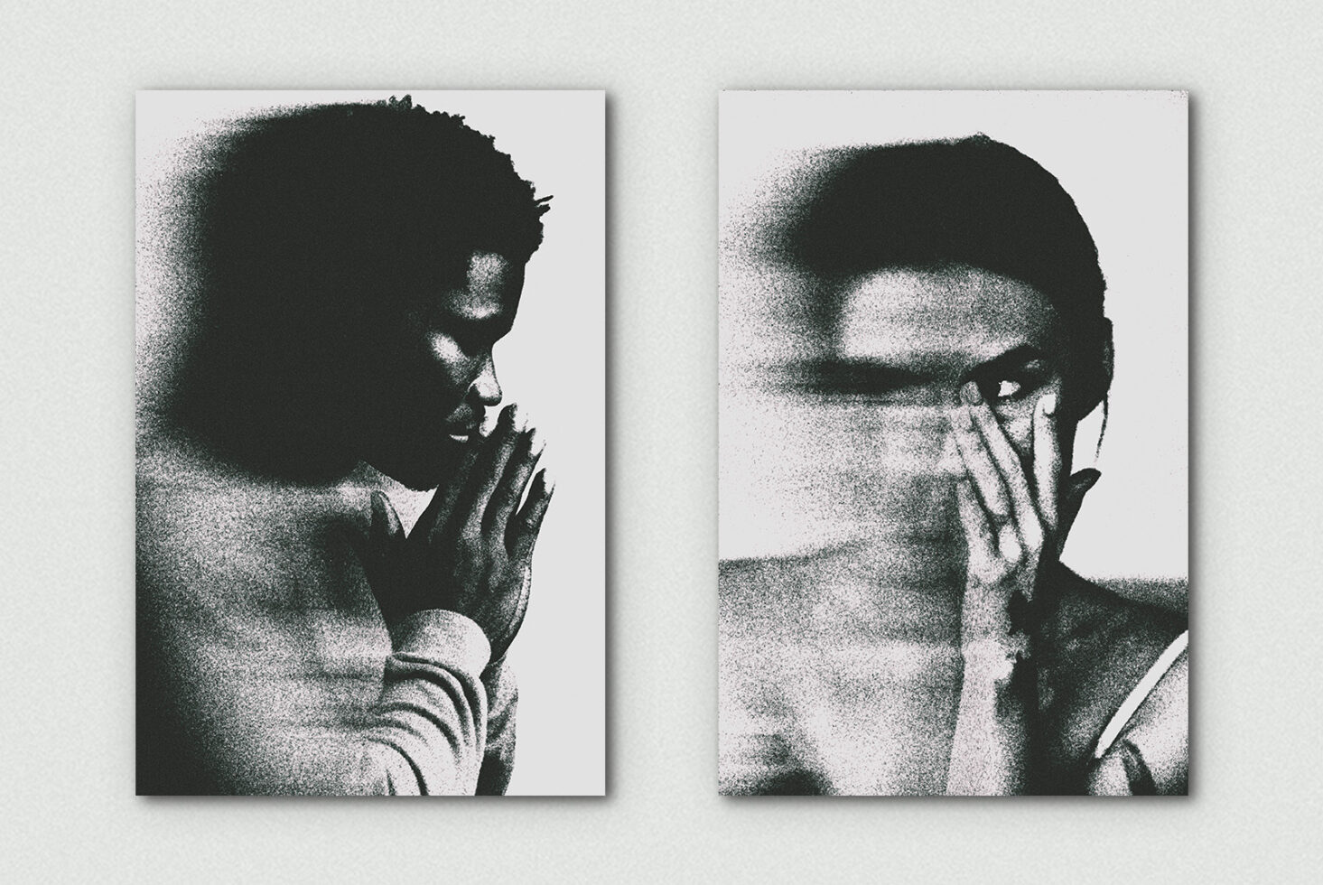 Grainy halftone black white portrait diptych with speckled texture effect