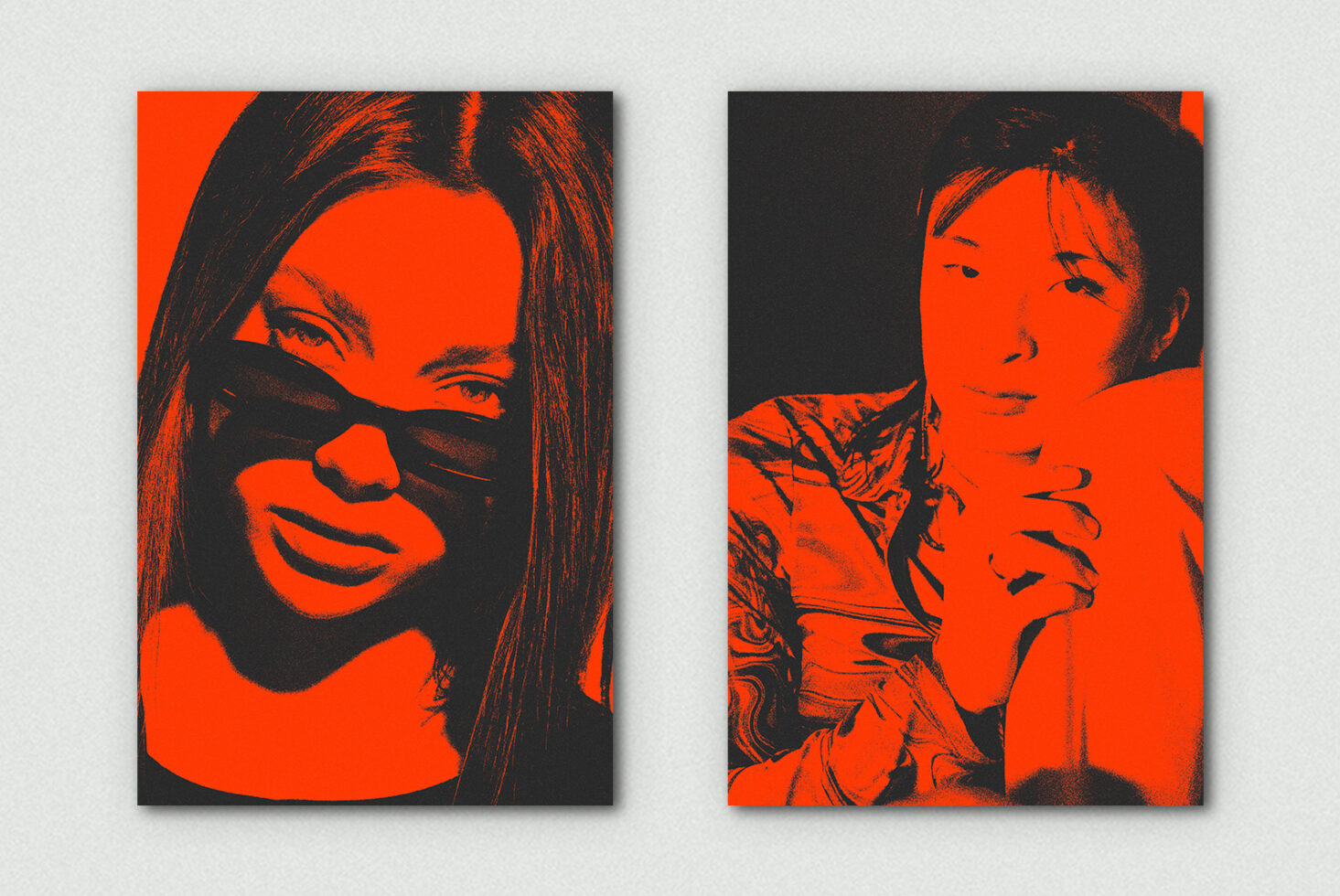 Bold pop art portrait pair in vibrant orange, black with sketch texture effect