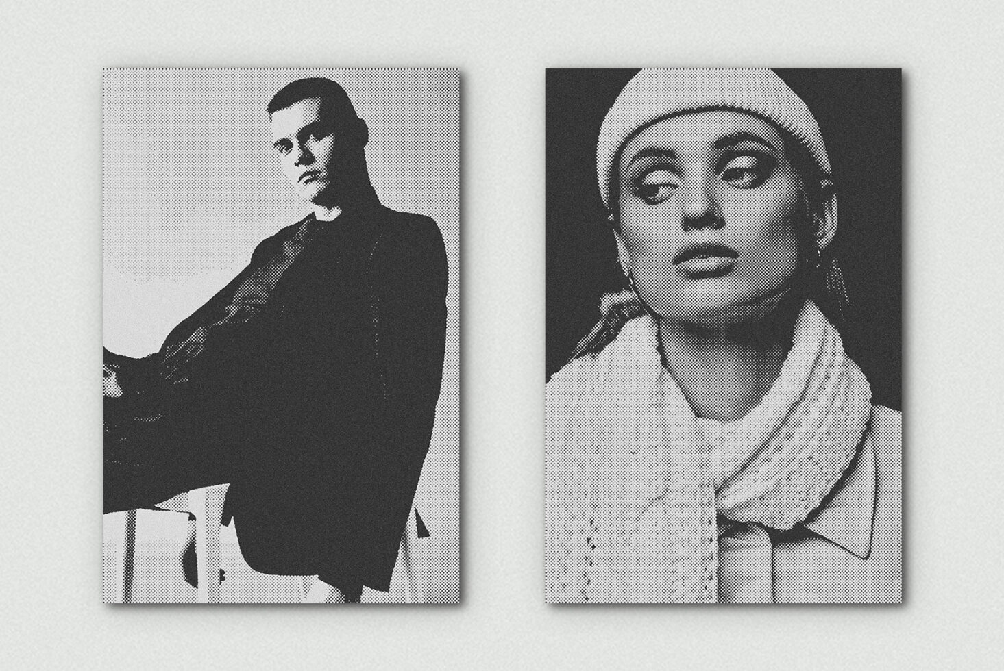 Two black-white halftone portrait mockups side by side, vintage aesthetic