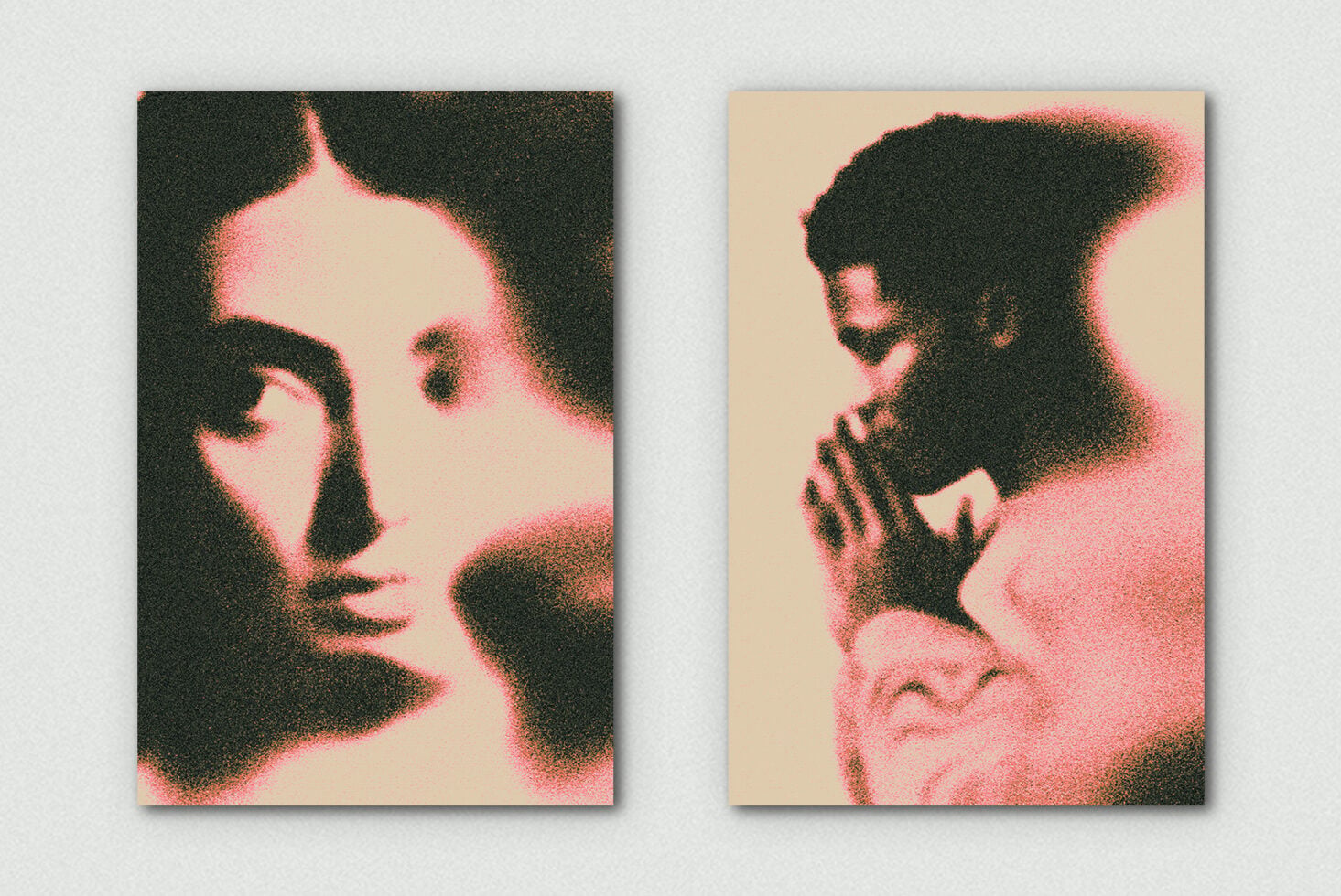 Two noisy halftone portraits on cream, faces with heavy grain texture overlay