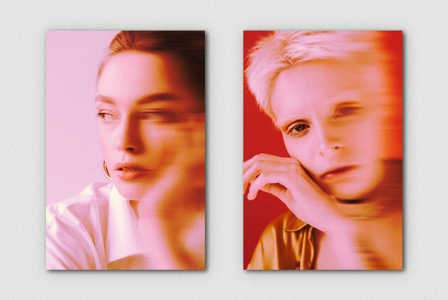 Warm toned portrait duo with gradient lighting on pink, red backgrounds