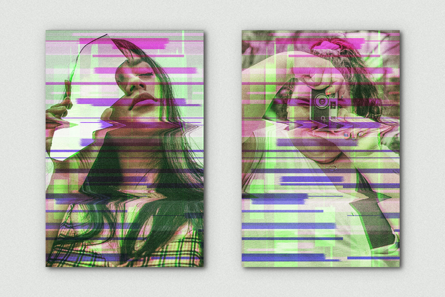 Dual glitch portraits of woman with neon lines magenta green pixelated effect