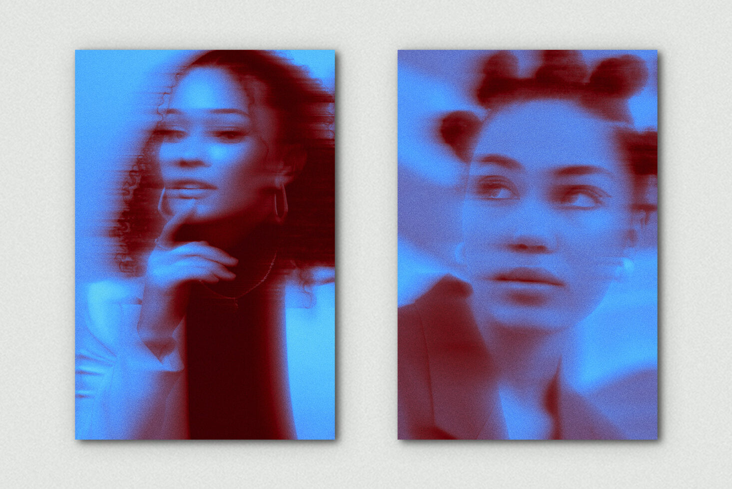 Duotone portrait mockup pair with blue-red color shift, women with different poses blurred