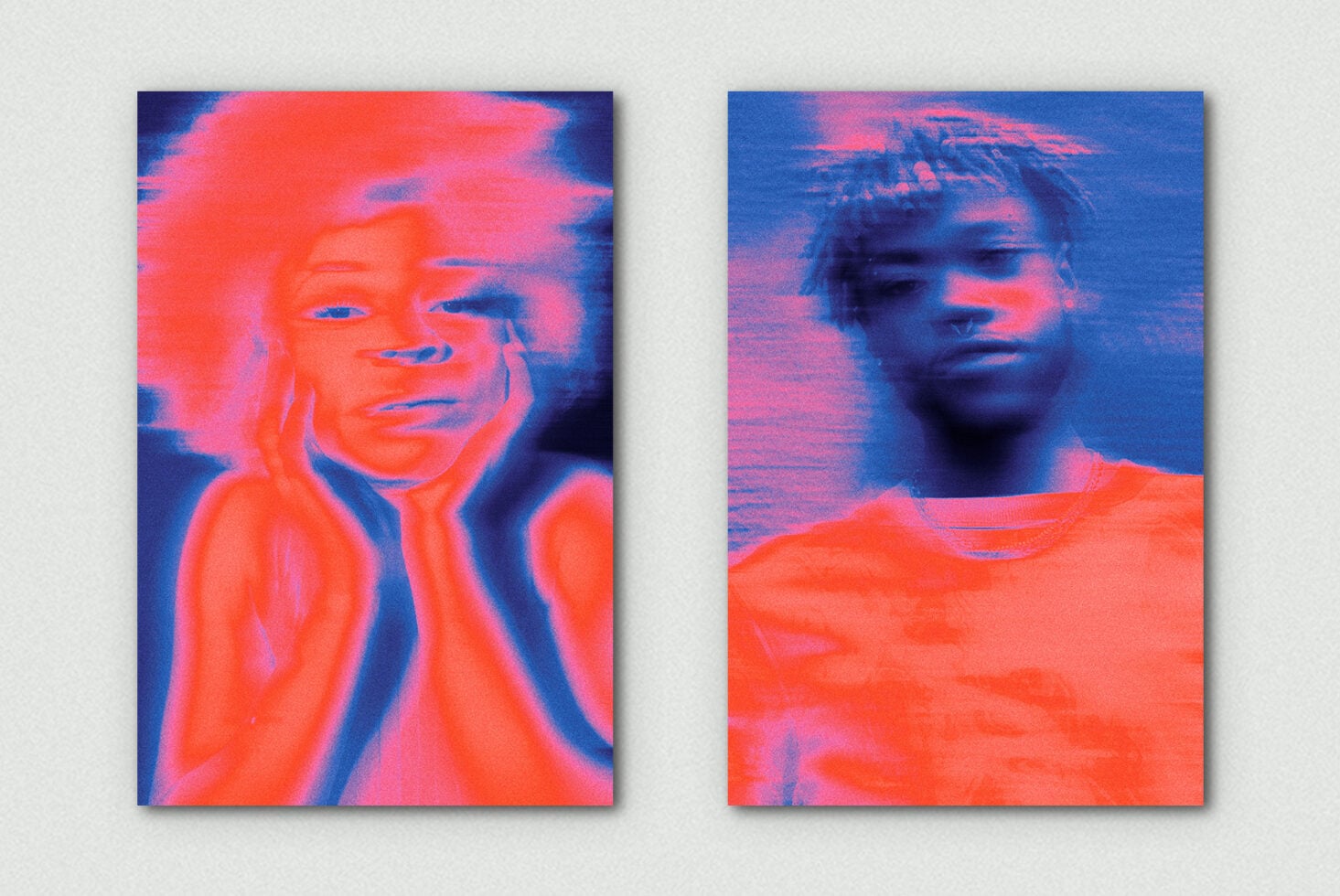 Glitch duotone portraits coral magenta blue with horizontal scan lines