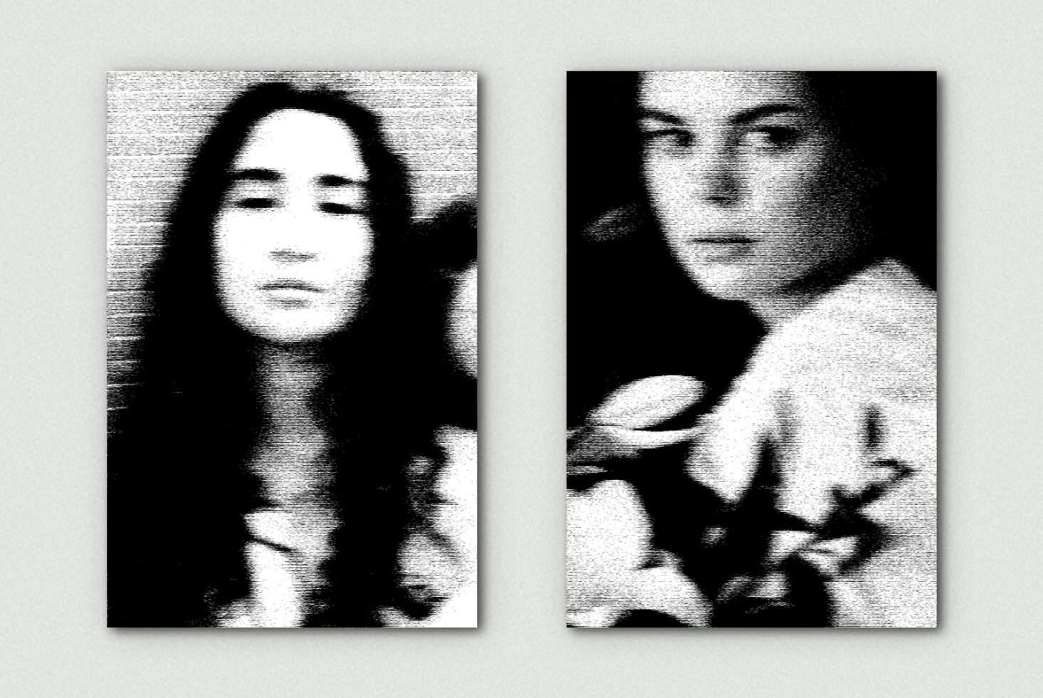 Two noisy grain-filtered headshots with high contrast distortion