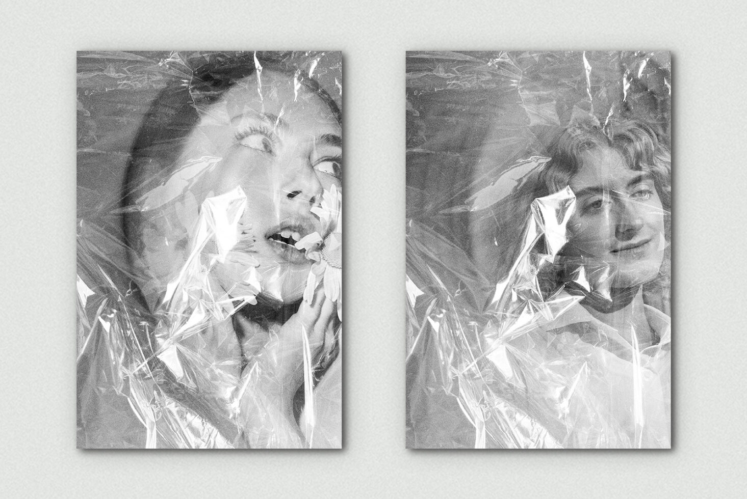 Two black-white portraits with plastic wrap overlay effect on faces