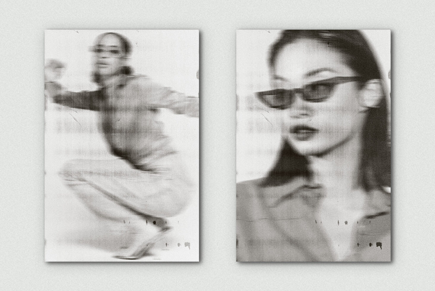 Grainy split layout with woman in sunglasses on right, motion blur on left