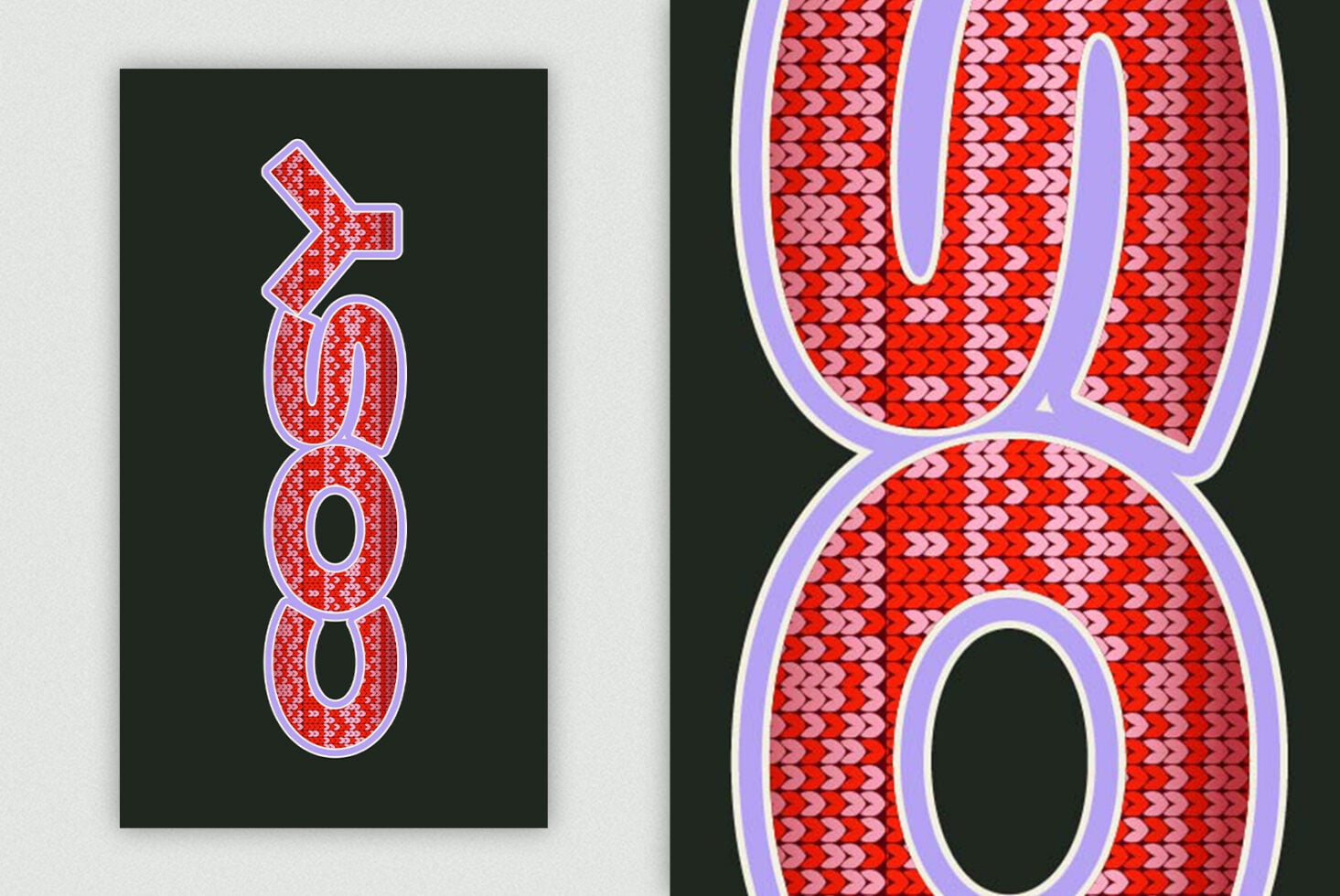 Vertical xoxo in red knit on left, large scaled version right side
