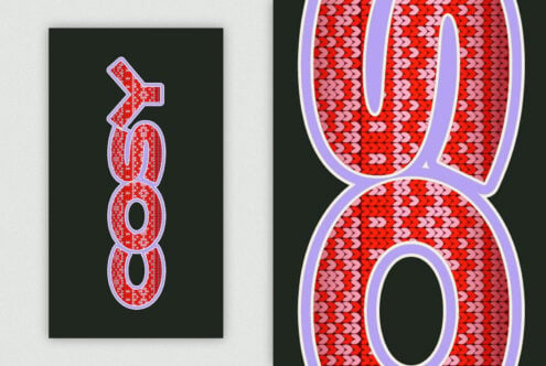 Vertical xoxo in red knit on left, large scaled version right side