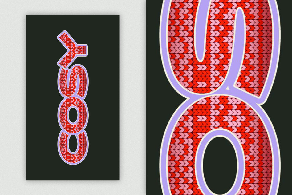 Vertical xoxo in red knit on left, large scaled version right side