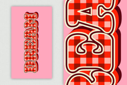 Vertical retro gingham text GRACEFUL beside large 3D dimensional letters
