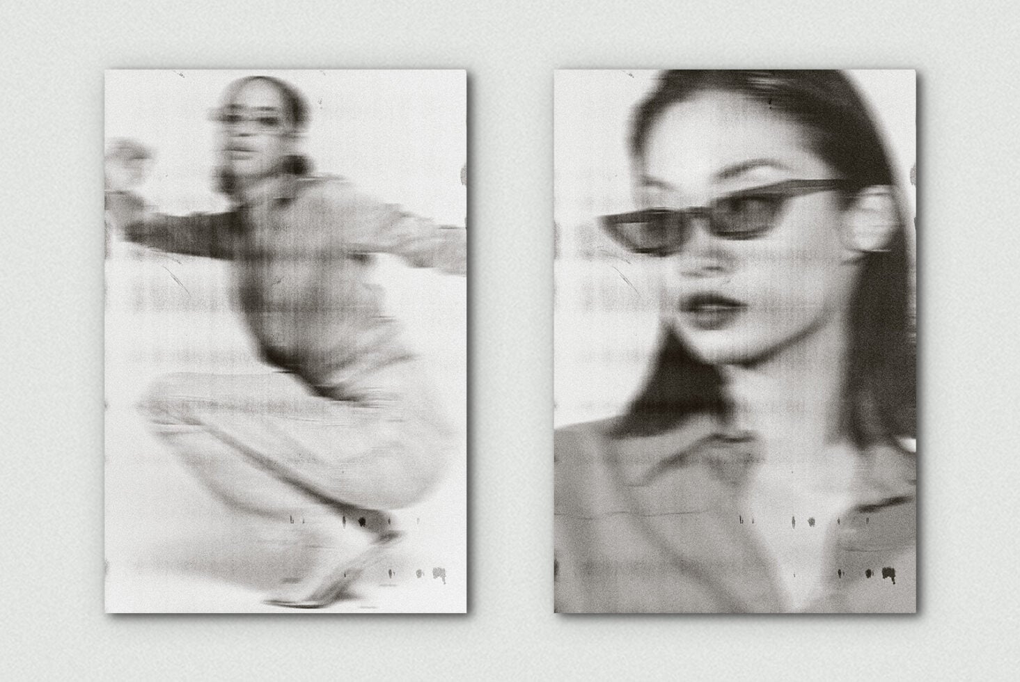 Grainy black-white split with blurred motion shot left, sharp portrait right